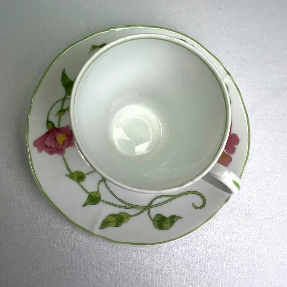 Denby-Langley Your Majesty Flat Demitasse Porcelain Cup Saucer Set Trumpet Vine